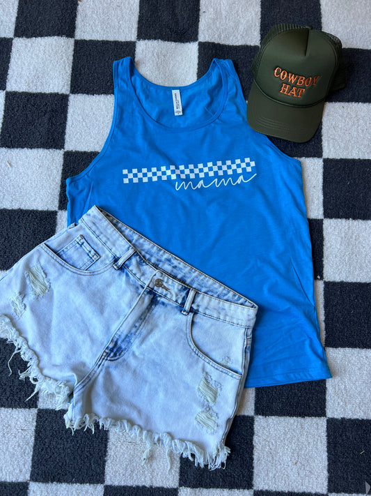 Checkered Mama - Neon Blue Tank